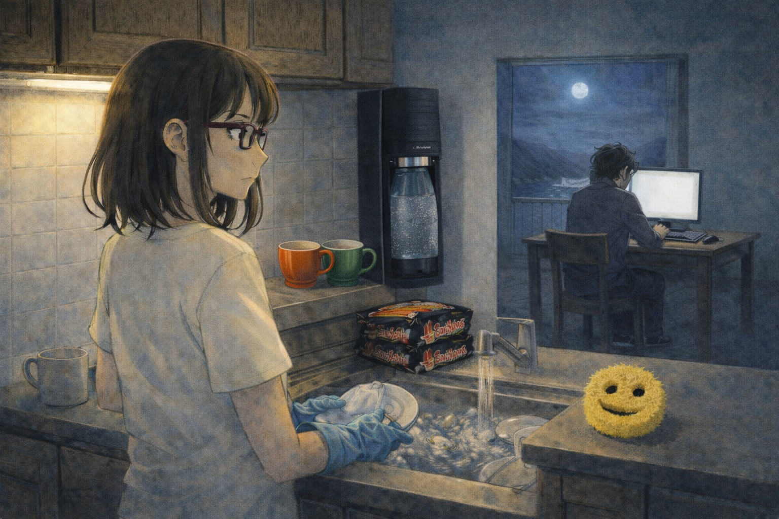 The fjord apartment kitchen — Mia at the sink washing dishes alone, looking toward Faris hunched over a laptop, back turned. A few meters that feel like an ocean.